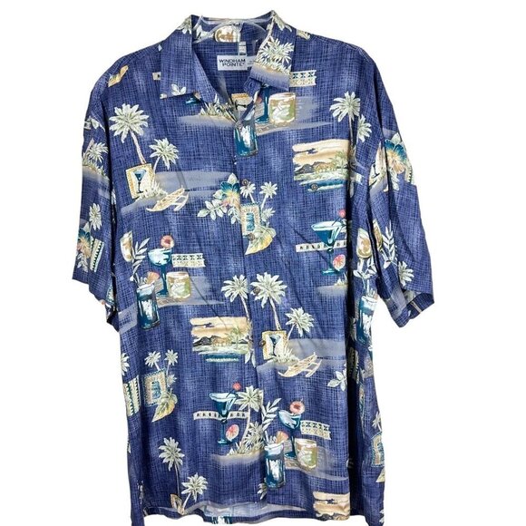 Windham Pointe Men's Hawaiian Shirt Short Sleeve Blue Green Palm Tree Size Large - Picture 1 of 8
